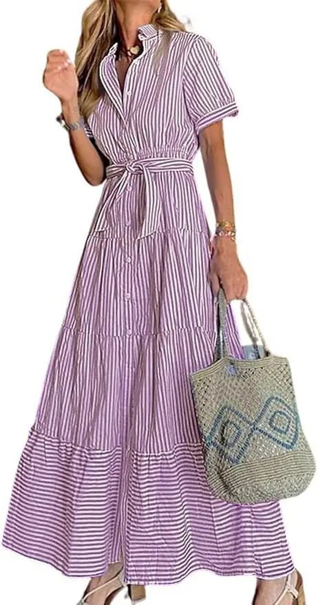 Versatile women's long striped dress with a button-down closure, ruffles, and tie-waist detail.