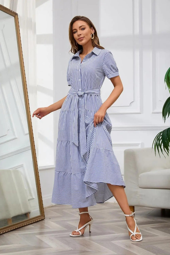 Casual chic women's A-line maxi dress, striped, with a polo collar and button-down design.