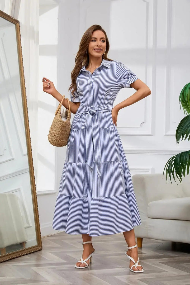 Summer fashion striped maxi dress with a polo collar, button-down front, and chic ruffle details.
