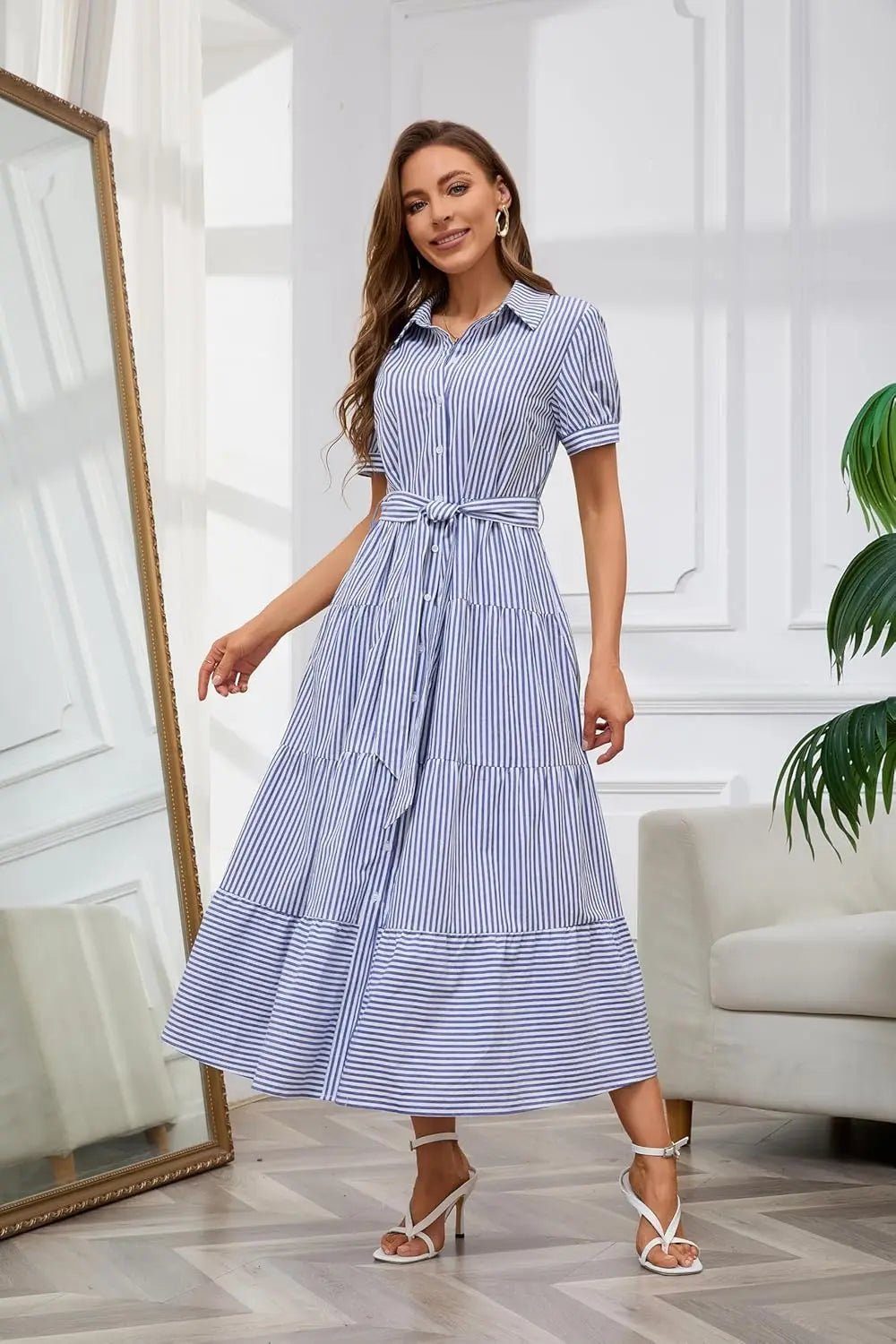 Women's casual striped button-down maxi dress, A-line silhouette, with a stylish tie-waist.