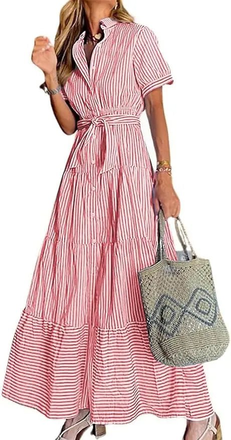 Striped maxi dress for women, featuring a button-down front, polo collar, and cinched tie-waist.