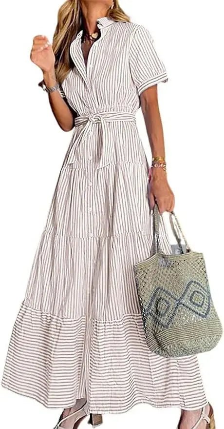 Women's ruffle-sleeved striped maxi dress, button-down, with an adjustable tie-waist. Casual chic.