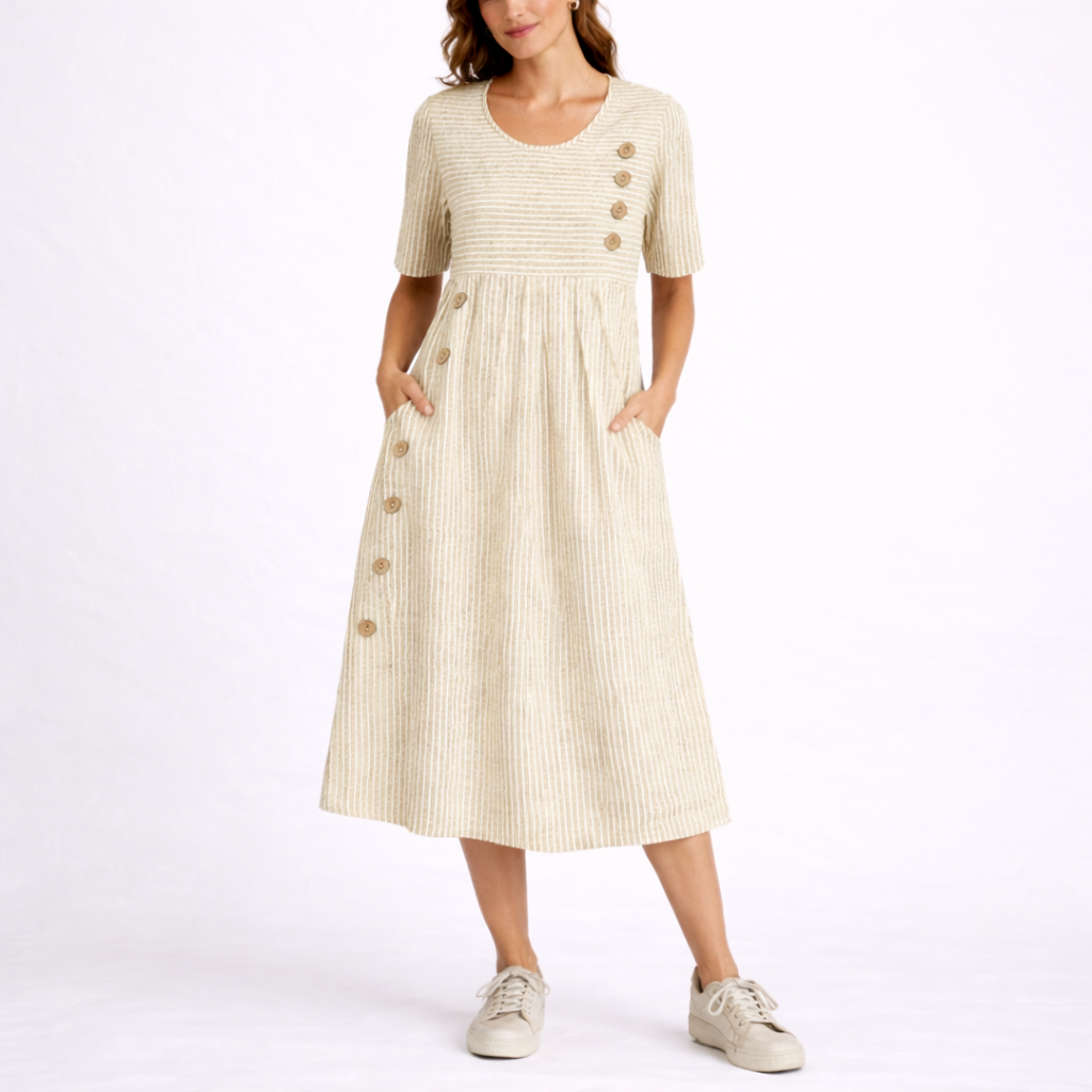 Flattering striped midi dress for women, featuring convenient pockets. Versatile for everyday casual or summer wear.