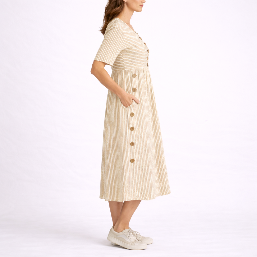 Stylish women's fit and flare striped midi dress with pockets. Scoop neck & short sleeves for comfortable spring/summer.