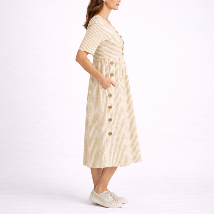 Stylish women's fit and flare striped midi dress with pockets. Scoop neck & short sleeves for comfortable spring/summer.
