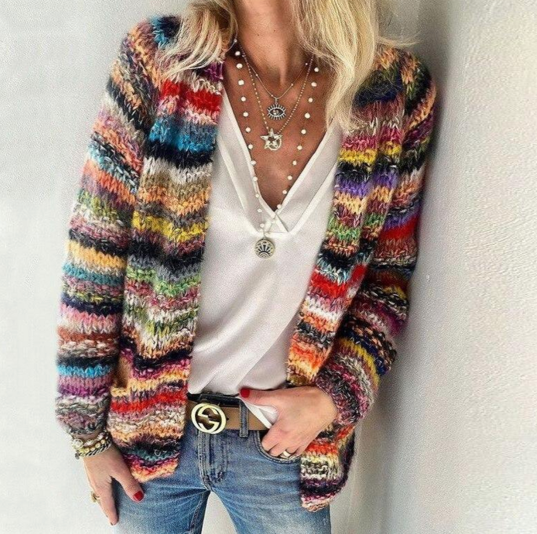 Women's striped open front cardigan, comfortable knitwear for stylish fall & spring layering. Long, versatile design.