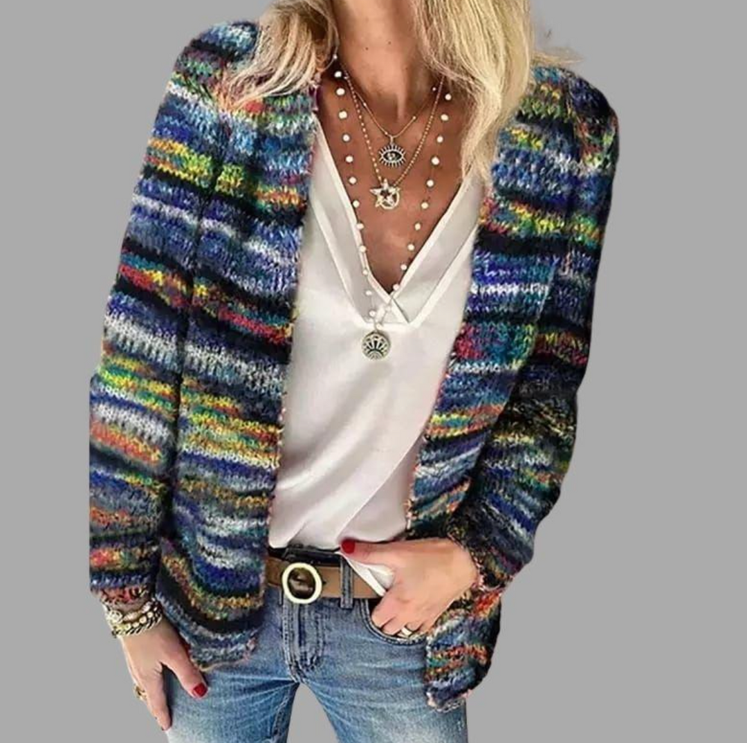 Stylish women's open front striped cardigan. Cozy knit, perfect for casual spring & fall outfits. Comfortable layering.