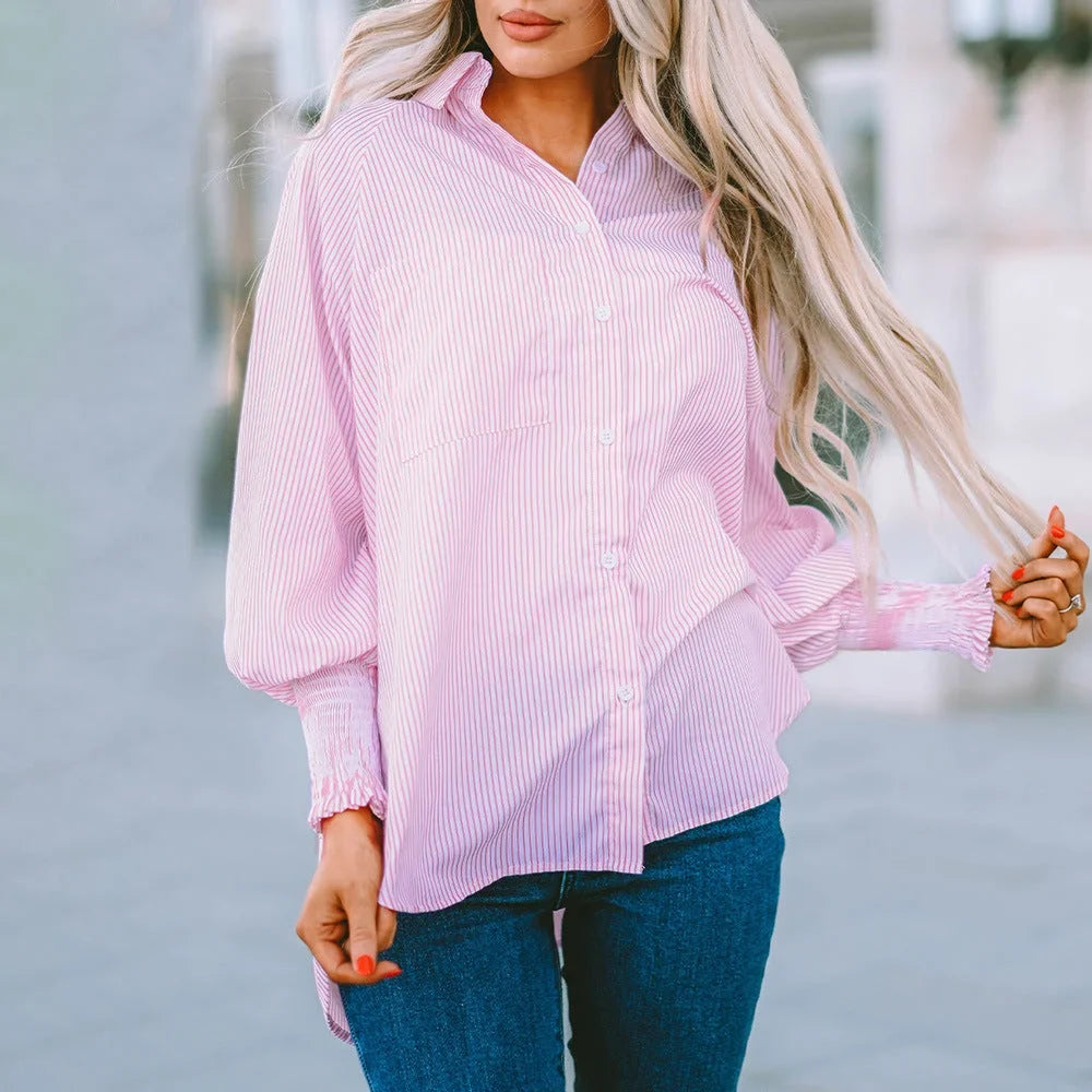 Relaxed fit women's striped button-down shirt, oversized with stylish shirred balloon sleeves for comfort.
