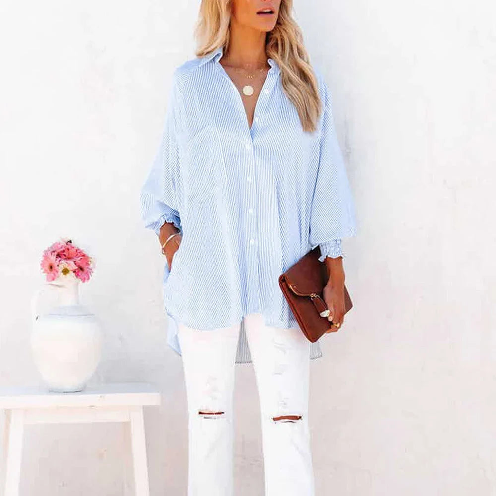 Striped button-down shirt for women, featuring trendy oversized fit and chic shirred balloon sleeves.
