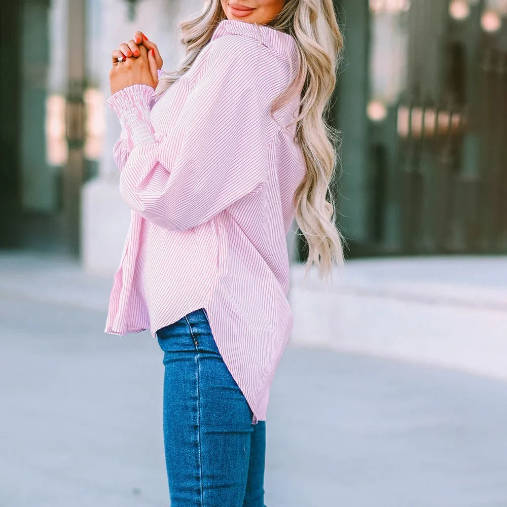 Classic striped women's oversized shirt with modern shirred balloon sleeves; a stylish button-down top.