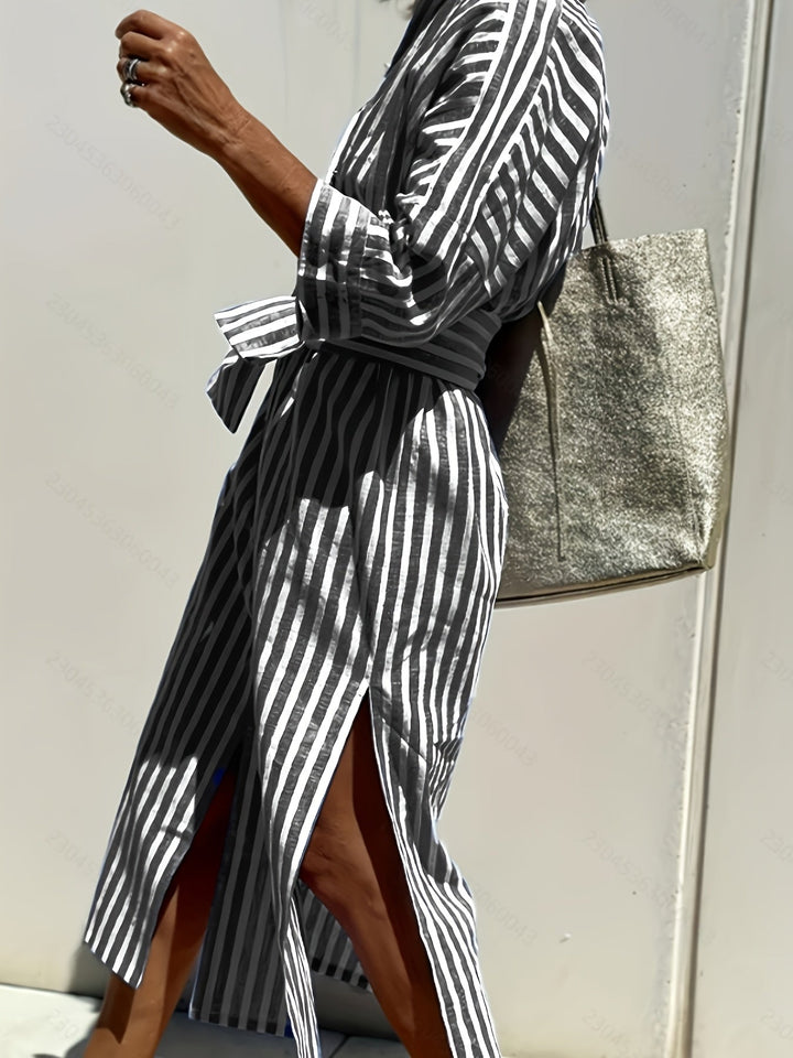 Summer fashion: Women's striped shirt dress with adjustable belt & button placket.