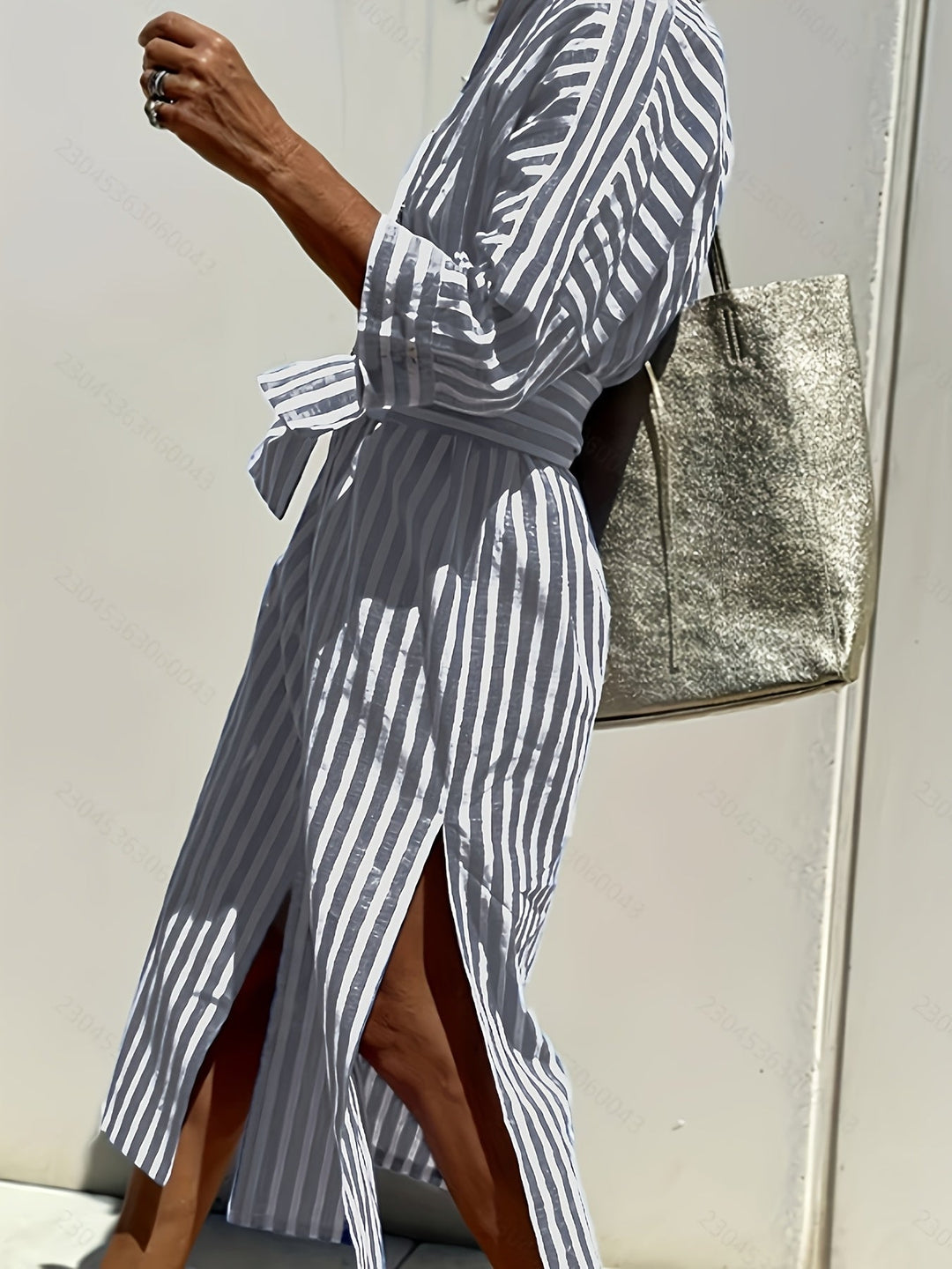 Women's chic striped dress, a comfortable shirt style with belt & front buttons.