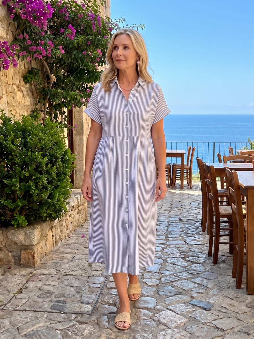 Elegant yet casual women's striped short sleeve midi dress with a button front and flattering relaxed silhouette.