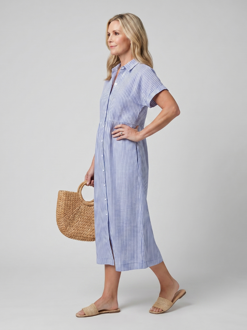 Effortless spring style: striped short sleeve midi dress for women with a comfortable relaxed fit & pockets.