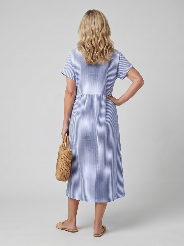 Striped women's collared midi dress, short sleeve, button front detail. Ideal for casual spring & summer fashion.