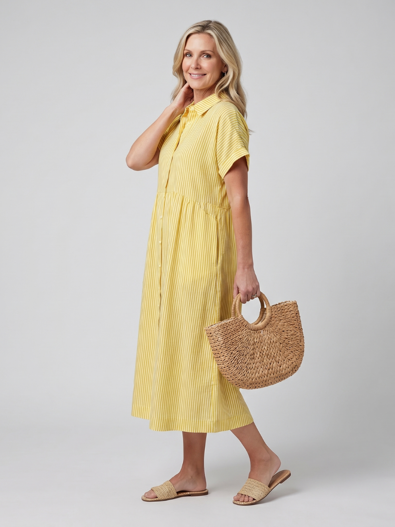 Day dress: Women's striped midi with short sleeves, button front, and useful pockets. Casual summer fashion.