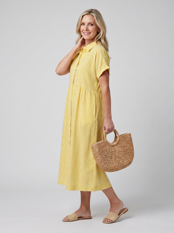 Day dress: Women's striped midi with short sleeves, button front, and useful pockets. Casual summer fashion.