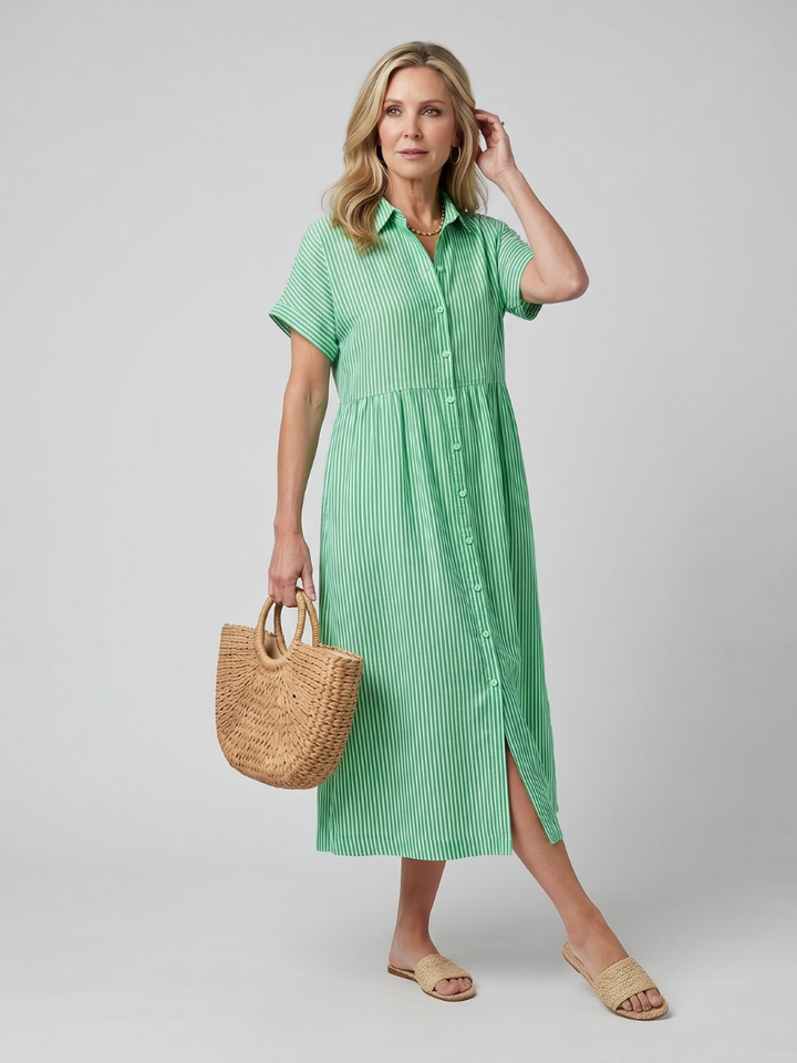 Stylish women's striped midi dress with short sleeves, a chic collar, and functional front buttons. Summer essential.