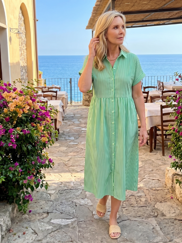 Women's casual striped short sleeve midi dress, perfect for warm weather. Features a comfortable relaxed fit.