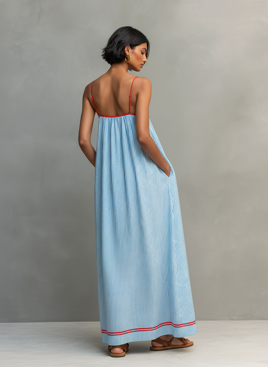 Elegant women's striped spaghetti strap maxi dress, perfect for casual summer outings & holiday wear.