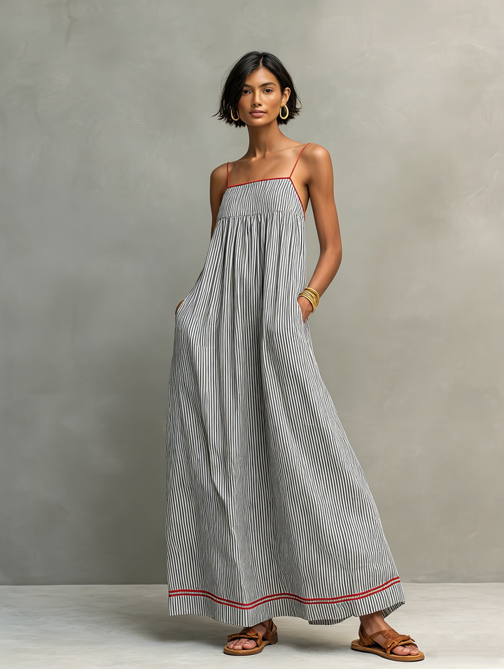 Stylish women's sleeveless striped maxi dress, featuring a comfortable gathered design, perfect for any occasion.