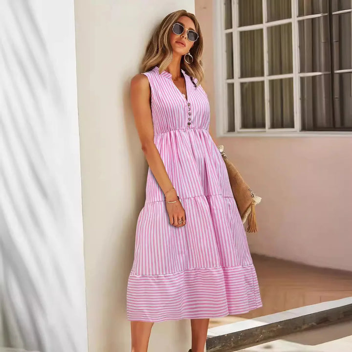 Lightweight striped summer midi dress for women, sleeveless and perfect for casual elegance.