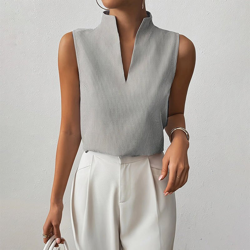 Women's striped sleeveless V-neck blouse with stand collar, ideal for office wear.