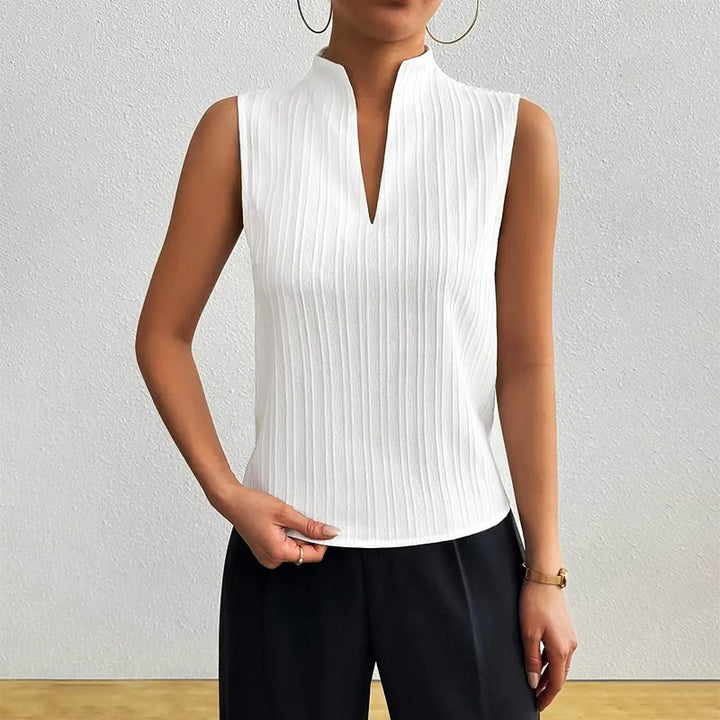 Stylish women's striped blouse, V-neck, sleeveless, stand collar, perfect for business casual.