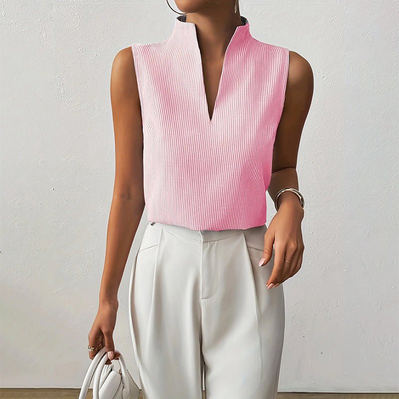 Fashionable sleeveless striped top with V-neck & stand collar, a chic summer essential.