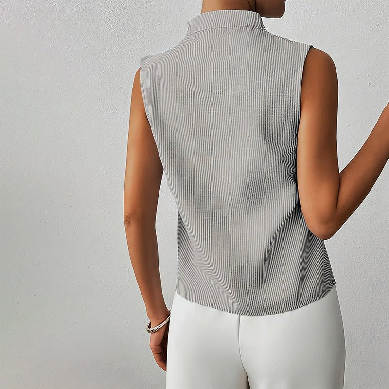 Chic women's striped V-neck blouse, sleeveless, stand collar, for spring fashion.