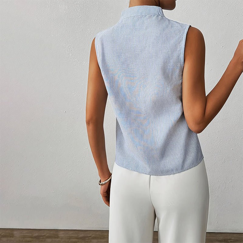 Versatile striped sleeveless V-neck top for women, great for office or smart casual.