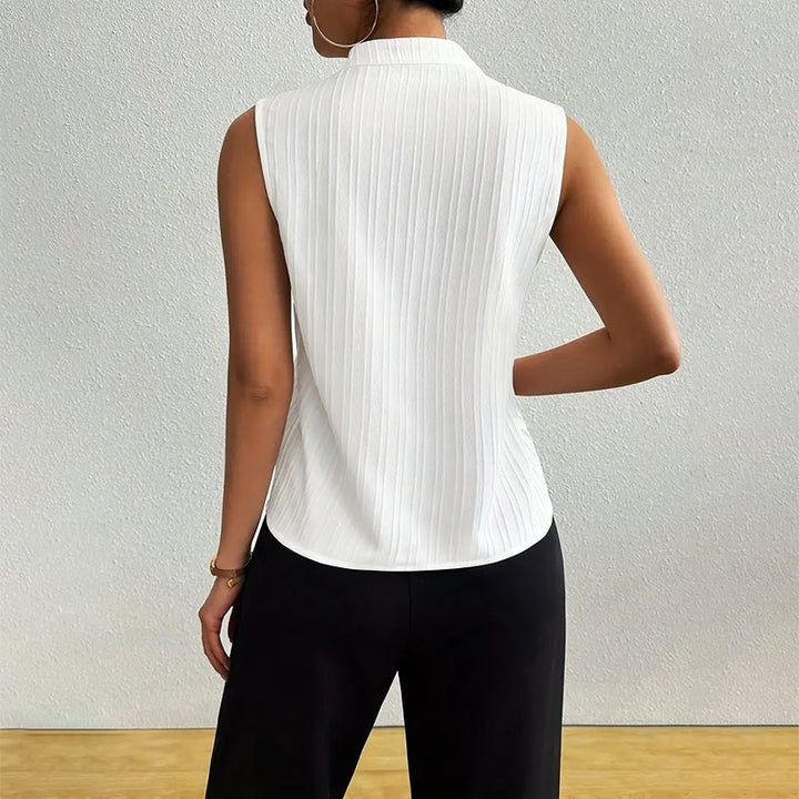 Professional women's striped blouse, V-neck, sleeveless, stand collar, elegant design.