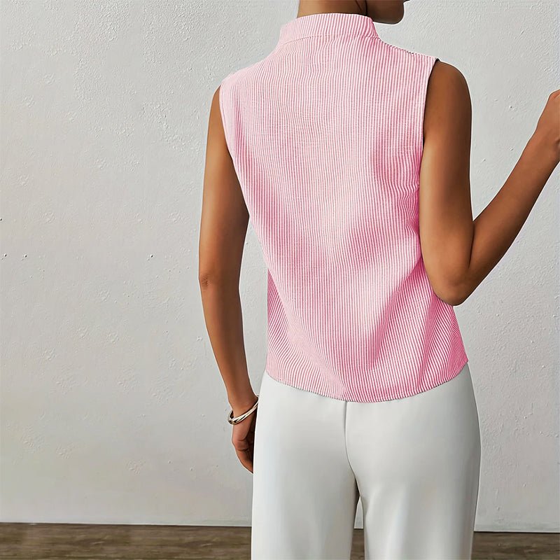 Lightweight striped V-neck sleeveless blouse with stand collar, comfortable summer top.