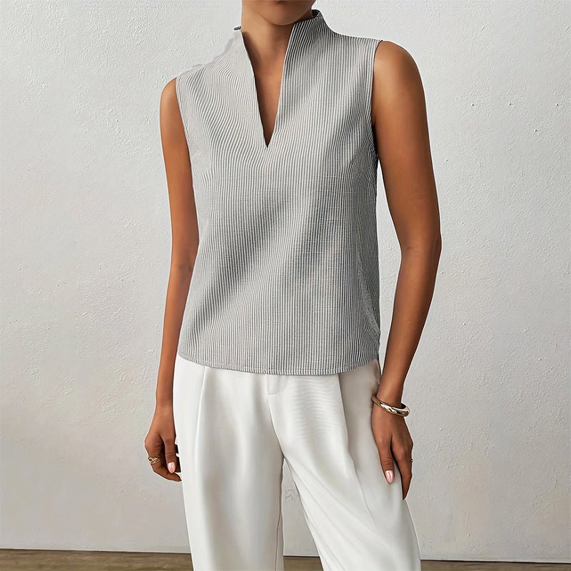 Sophisticated women's striped V-neck top, sleeveless, stand collar, for a polished look.