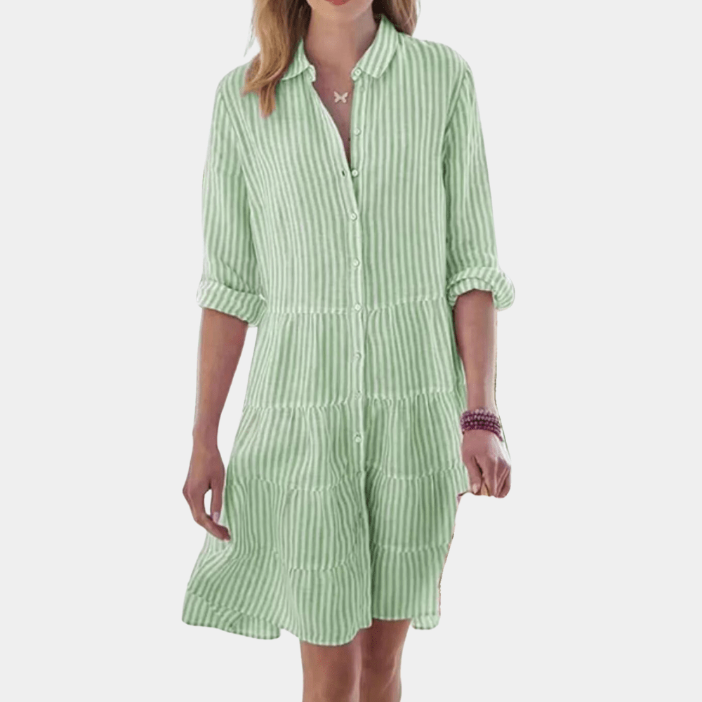 Women's striped tiered shirt dress, perfect for relaxed summer style & casual outings.