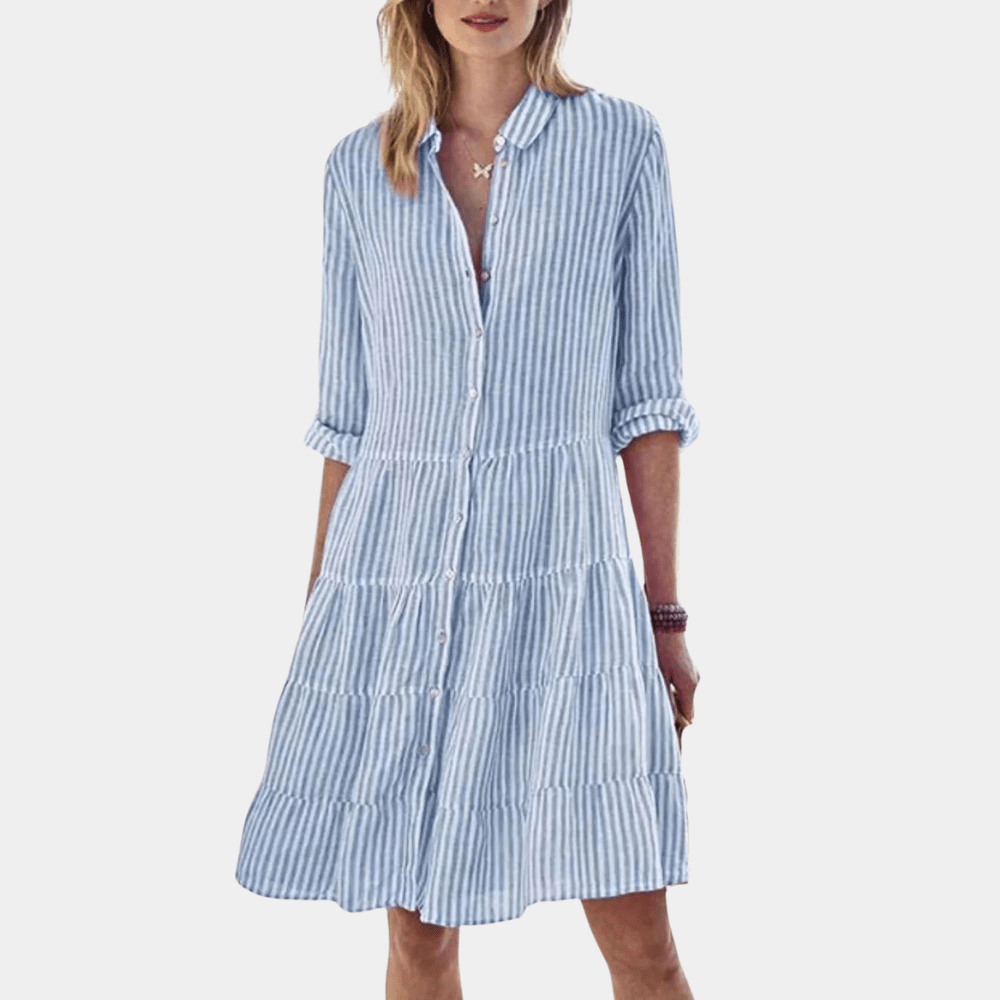 Flowy striped tiered shirt dress for women, ideal as a casual summer or holiday outfit.