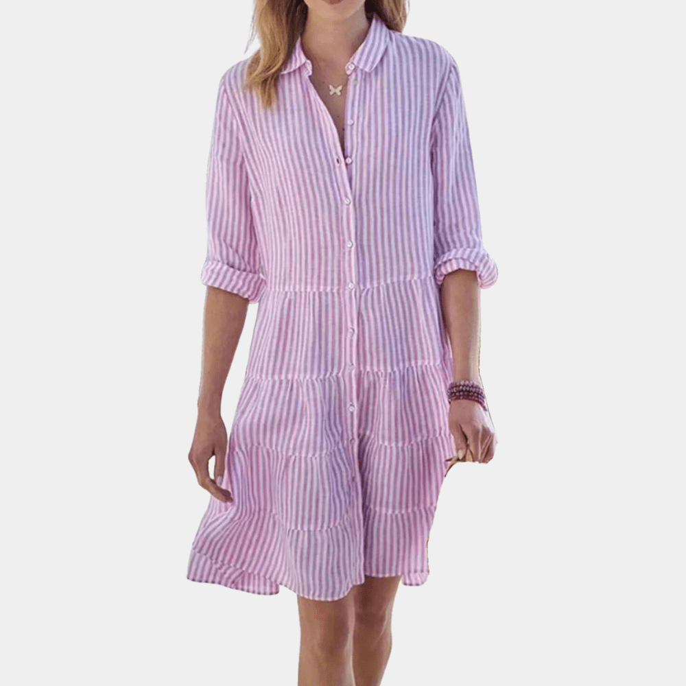 Relaxed fit women's striped tiered shirt dress with button-up front, perfect for summer fashion.
