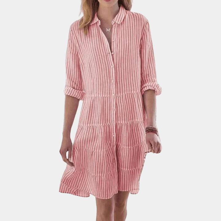 Versatile women's striped tiered shirt dress, a comfortable day dress for summer and casual wear.
