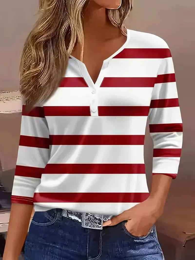 Women's striped V-neck long sleeve top with petal sleeves, perfect for casual spring & summer nautical style.