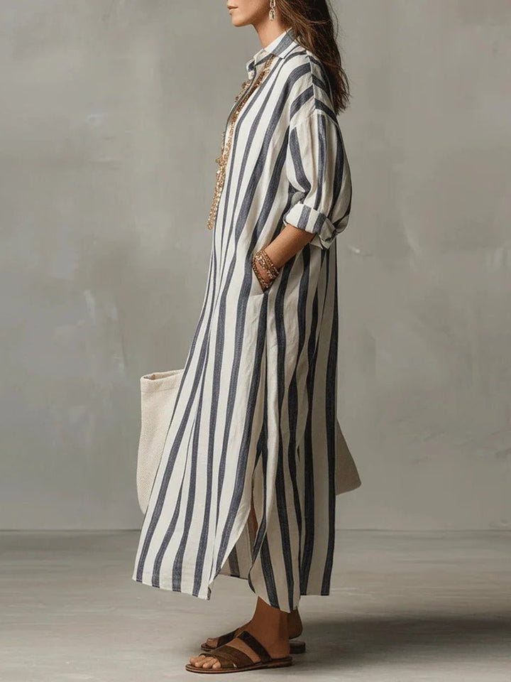 Women's V-neck striped maxi shirt dress, long sleeve, versatile for casual summer, vacation or beach trips.