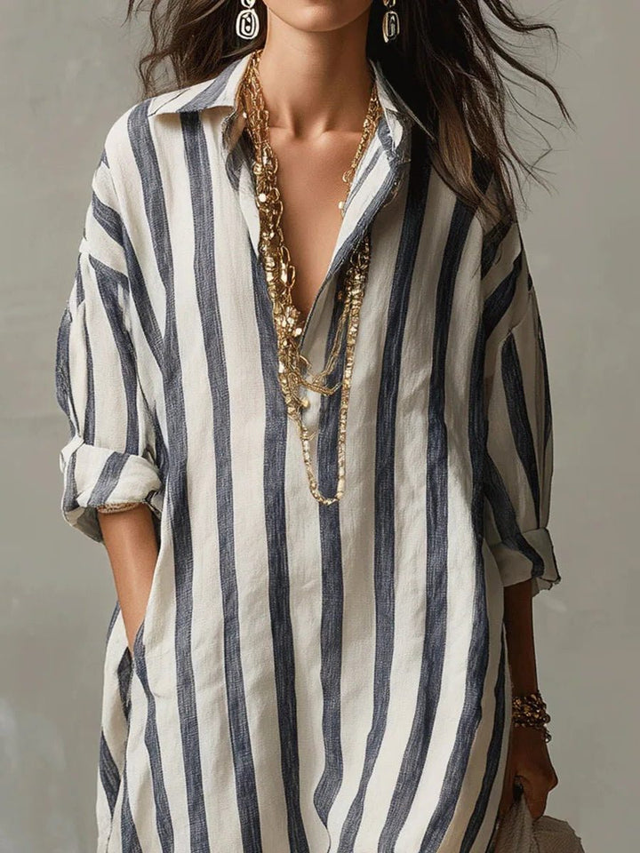 Relaxed women's striped maxi shirt dress, V-neck, long sleeve, perfect for casual summer, vacation & beach days.