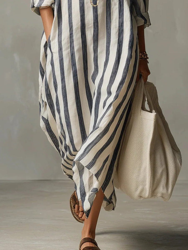 Stylish striped V-neck maxi shirt dress, women's long sleeve, perfect for casual summer, vacation & relaxed wear.