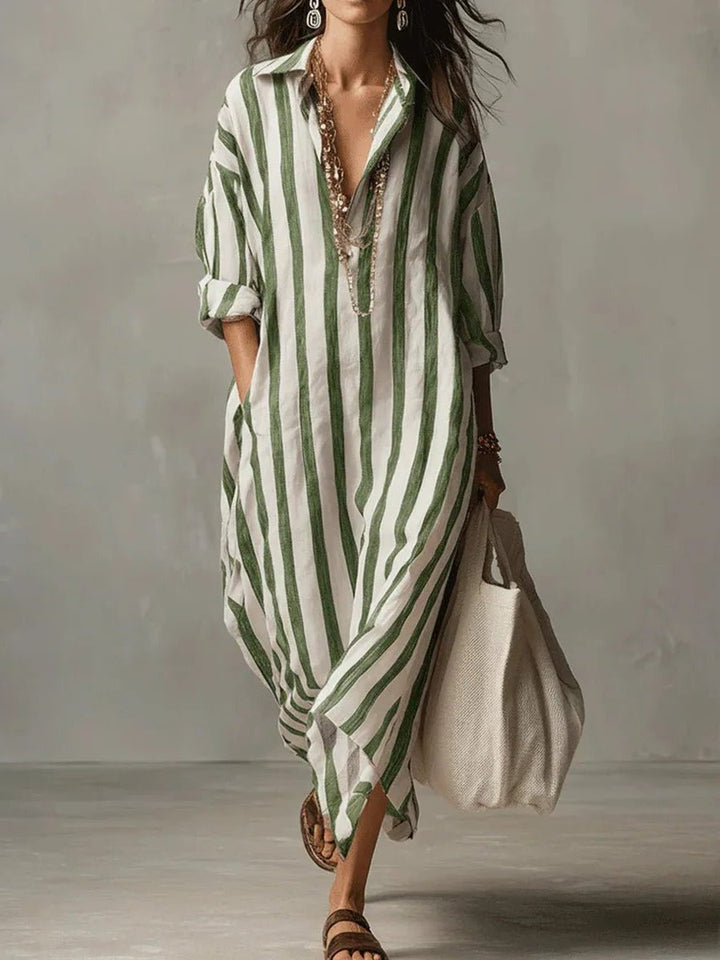 Versatile women's striped V-neck maxi shirt dress, long sleeve, effortlessly stylish for casual summer & vacation.