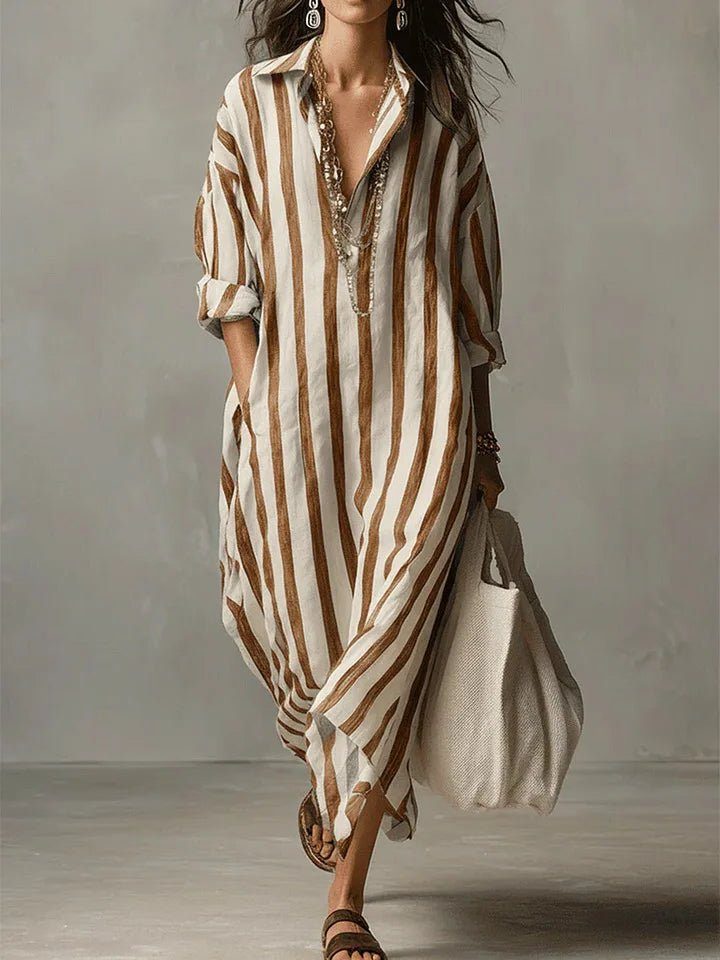 Effortless women's striped V-neck maxi shirt dress, long sleeve, great for casual summer, vacation & beach trips.