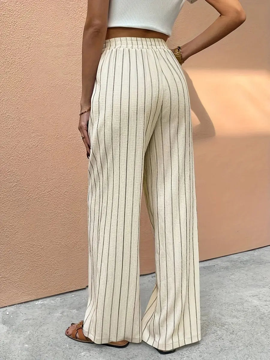 Comfortable women's pinstripe wide leg pants, linen blend, elastic waist for versatile summer fashion & travel.