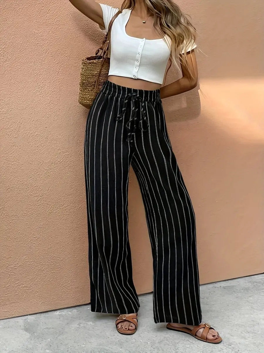 Stylish women's striped wide leg linen pants with elastic drawstring waist, ideal for comfortable casual & holiday wear.