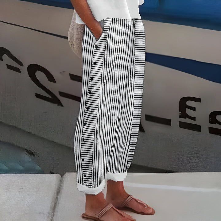 Relaxed fit women's striped wide leg pants, high-waisted design with stylish side buttons for summer fashion.