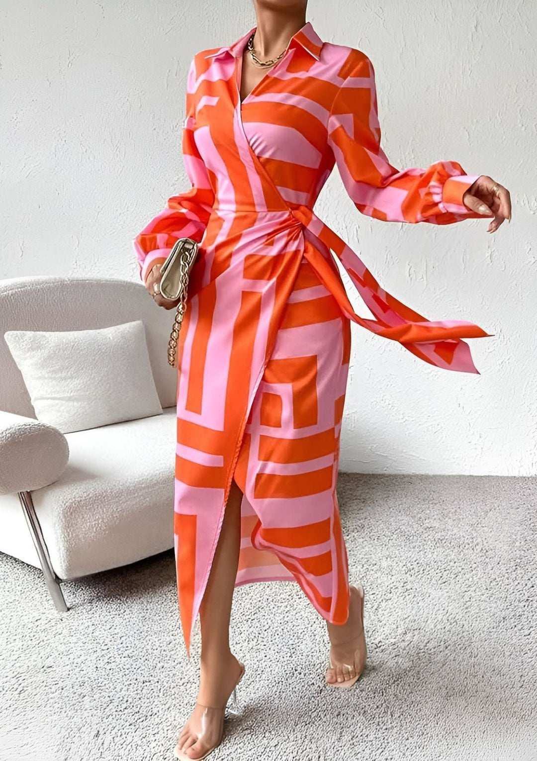 Women's striped wrap midi dress, perfect for versatile spring and summer styling.