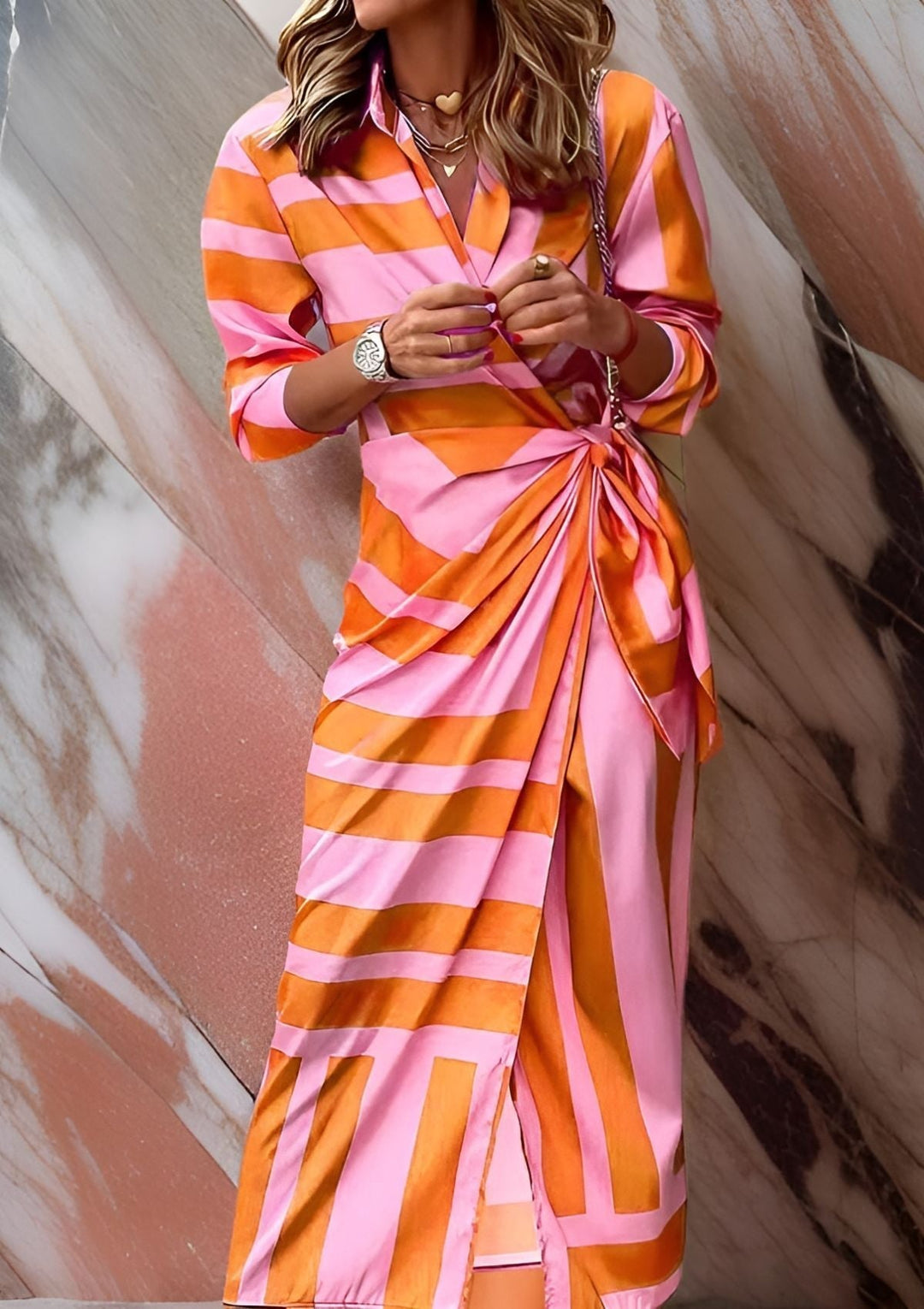 Elegant women's striped wrap midi dress with a flattering fit for any occasion.