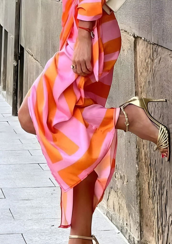 Comfortable striped wrap midi dress. A versatile women's casual dress for spring & summer.